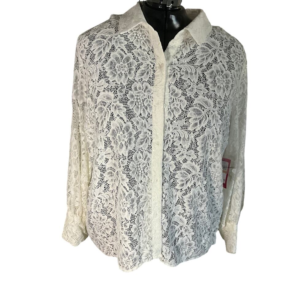 Vince Camuto Coquette Romantic Sheer Sequin Lace Button Up Shirt Ivory NWT 3X